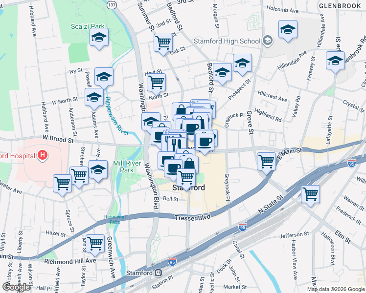 map of restaurants, bars, coffee shops, grocery stores, and more near 275 Summer Street in Stamford