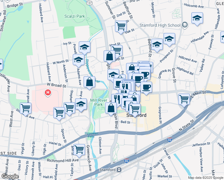map of restaurants, bars, coffee shops, grocery stores, and more near 7 West Broad Street in Stamford