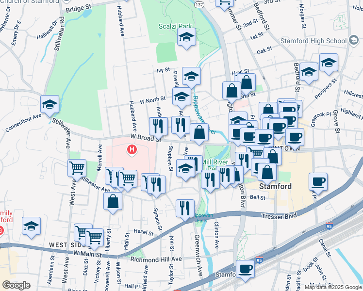 map of restaurants, bars, coffee shops, grocery stores, and more near 24 Oak Hill Street in Stamford