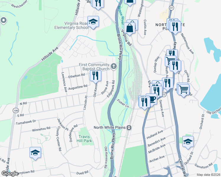 map of restaurants, bars, coffee shops, grocery stores, and more near 50 Fisher Lane in White Plains