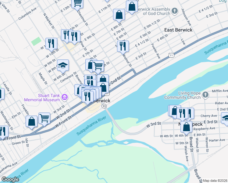 map of restaurants, bars, coffee shops, grocery stores, and more near 113-151 S Market St in Berwick