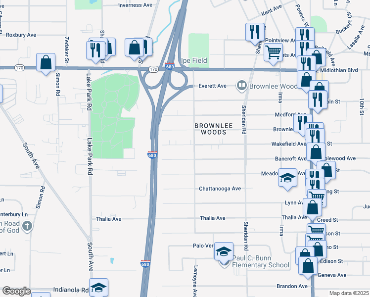map of restaurants, bars, coffee shops, grocery stores, and more near 1570 Bancroft Avenue in Youngstown