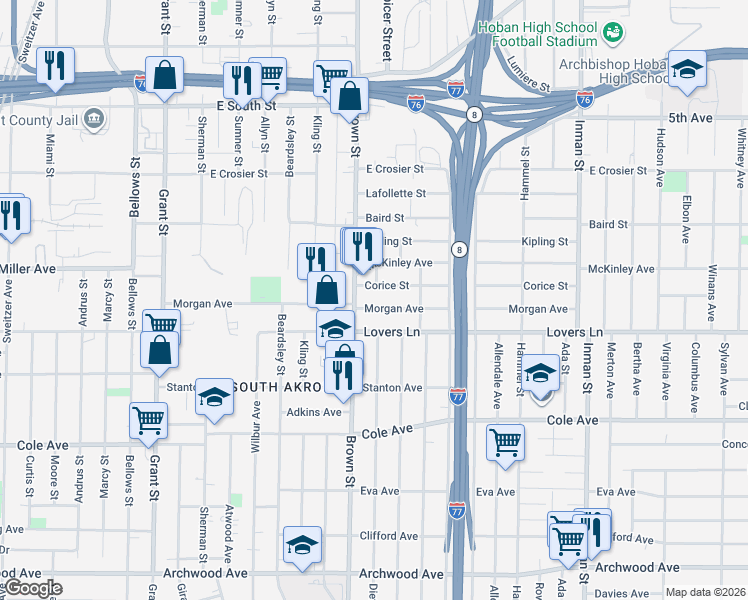 map of restaurants, bars, coffee shops, grocery stores, and more near 566 Morgan Avenue in Akron