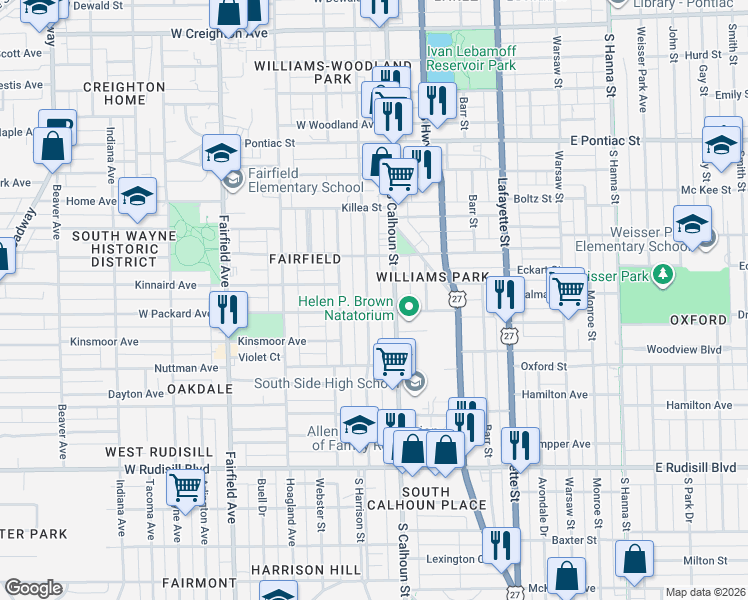 map of restaurants, bars, coffee shops, grocery stores, and more near 3301 South Harrison Street in Fort Wayne