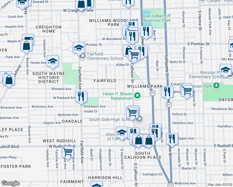 map of restaurants, bars, coffee shops, grocery stores, and more near 3306 Webster Street in Fort Wayne