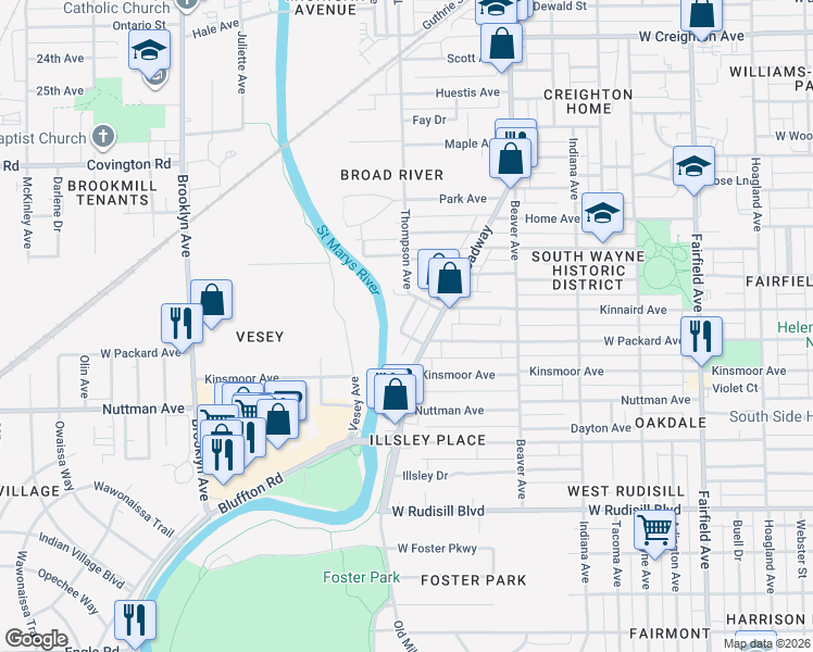 map of restaurants, bars, coffee shops, grocery stores, and more near 1317 West Packard Avenue in Fort Wayne