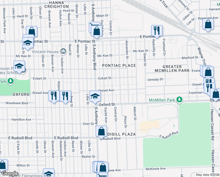 map of restaurants, bars, coffee shops, grocery stores, and more near 1921 Drexel Avenue in Fort Wayne