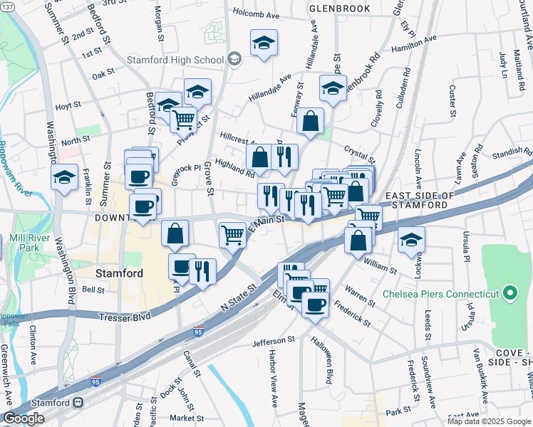 map of restaurants, bars, coffee shops, grocery stores, and more near 751 East Main Street in Stamford