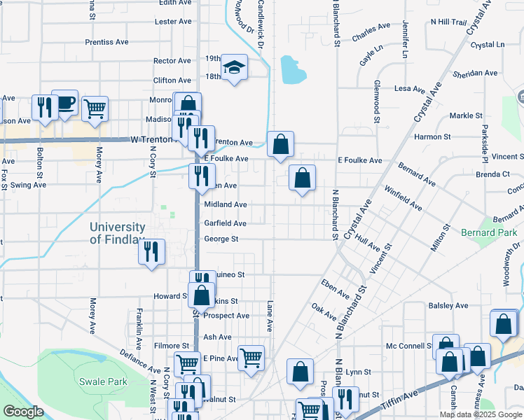 map of restaurants, bars, coffee shops, grocery stores, and more near 230 Garfield Avenue in Findlay