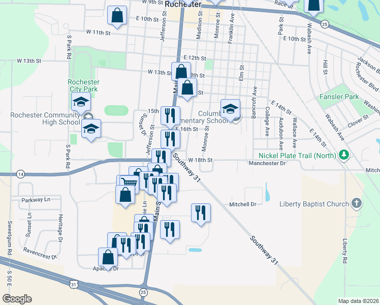 map of restaurants, bars, coffee shops, grocery stores, and more near 225 East 18th Street in Rochester