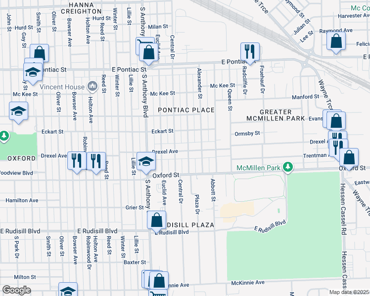 map of restaurants, bars, coffee shops, grocery stores, and more near 2021 Drexel Avenue in Fort Wayne