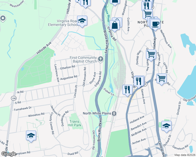 map of restaurants, bars, coffee shops, grocery stores, and more near 50 Fisher Lane in White Plains