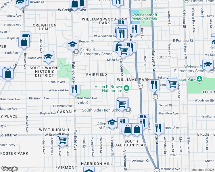 map of restaurants, bars, coffee shops, grocery stores, and more near 3306 Webster Street in Fort Wayne