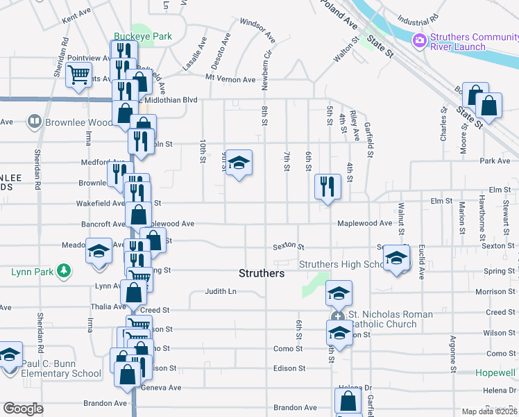 map of restaurants, bars, coffee shops, grocery stores, and more near 457 Maplewood Avenue in Struthers