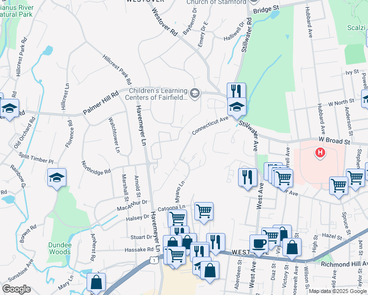 map of restaurants, bars, coffee shops, grocery stores, and more near 133 Connecticut Avenue in Stamford