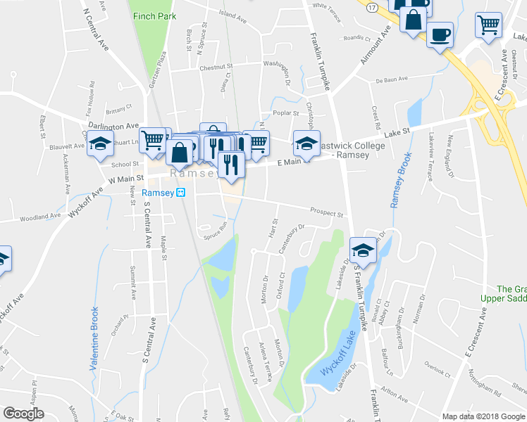 map of restaurants, bars, coffee shops, grocery stores, and more near 106 Prospect Street in Ramsey