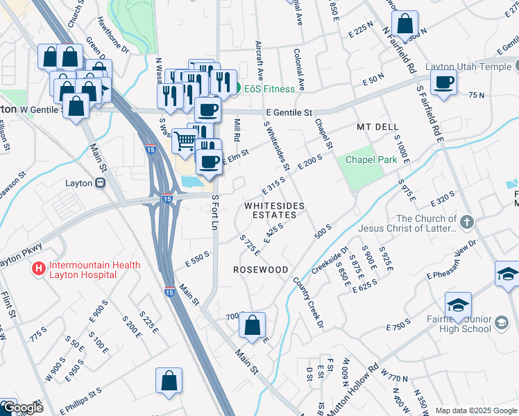 map of restaurants, bars, coffee shops, grocery stores, and more near 637 East 375 South in Layton