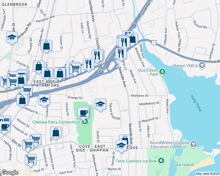 map of restaurants, bars, coffee shops, grocery stores, and more near 47 Hearthstone Court in Stamford