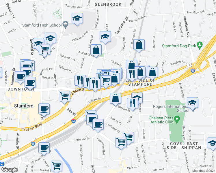 map of restaurants, bars, coffee shops, grocery stores, and more near 847 East Main Street in Stamford