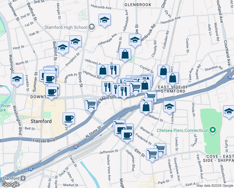 map of restaurants, bars, coffee shops, grocery stores, and more near 791 East Main Street in Stamford