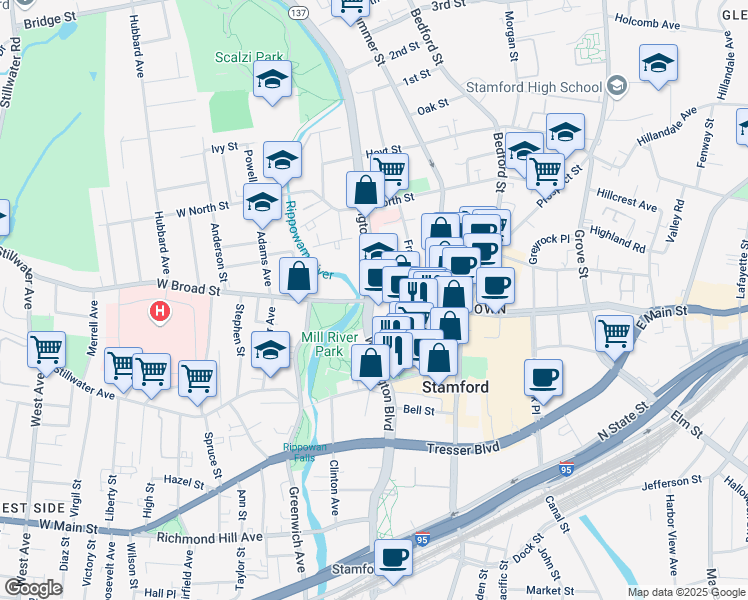 map of restaurants, bars, coffee shops, grocery stores, and more near 7 West Broad Street in Stamford