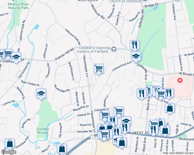 map of restaurants, bars, coffee shops, grocery stores, and more near 135 Connecticut Avenue in Stamford