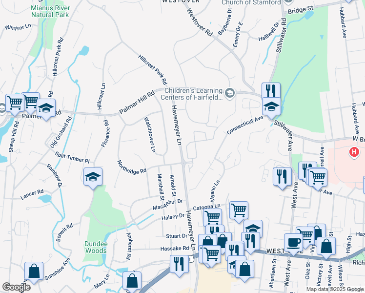 map of restaurants, bars, coffee shops, grocery stores, and more near 74 Havemeyer Lane in Greenwich