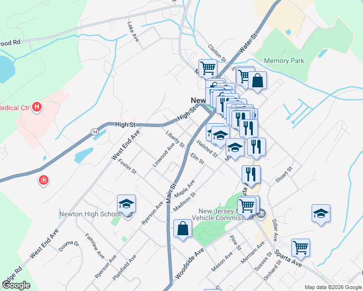 map of restaurants, bars, coffee shops, grocery stores, and more near 110 Main Street in Newton