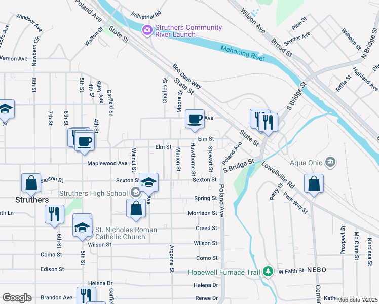 map of restaurants, bars, coffee shops, grocery stores, and more near 208 Marion Street in Struthers