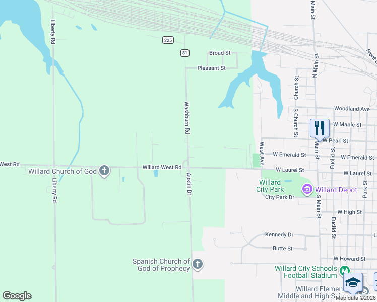 map of restaurants, bars, coffee shops, grocery stores, and more near 3179 Washburn Road in Willard