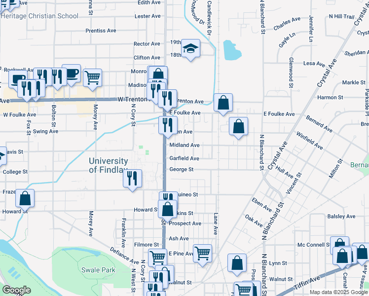 map of restaurants, bars, coffee shops, grocery stores, and more near 123 Midland Avenue in Findlay