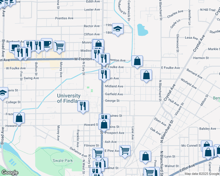map of restaurants, bars, coffee shops, grocery stores, and more near 123 Midland Avenue in Findlay