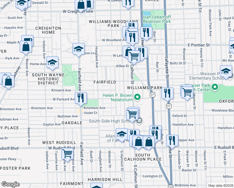 map of restaurants, bars, coffee shops, grocery stores, and more near 3306 Webster Street in Fort Wayne