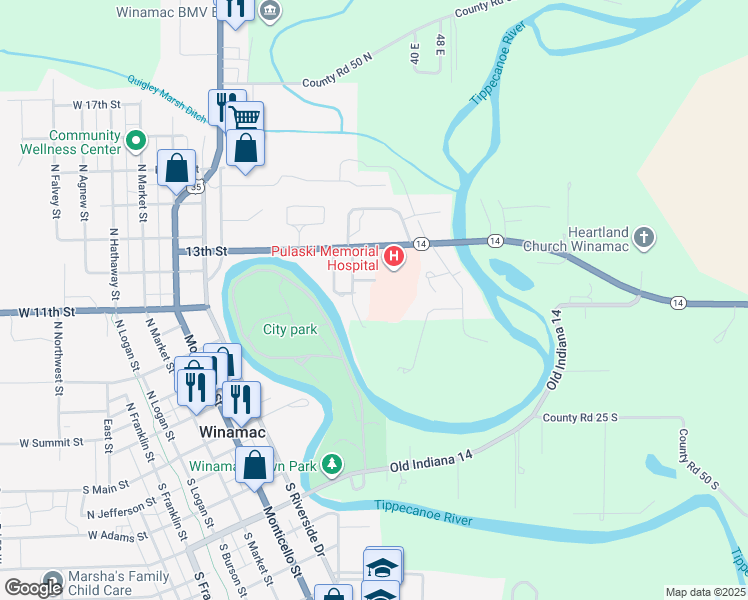 map of restaurants, bars, coffee shops, grocery stores, and more near 13 Th Stamper in Winamac