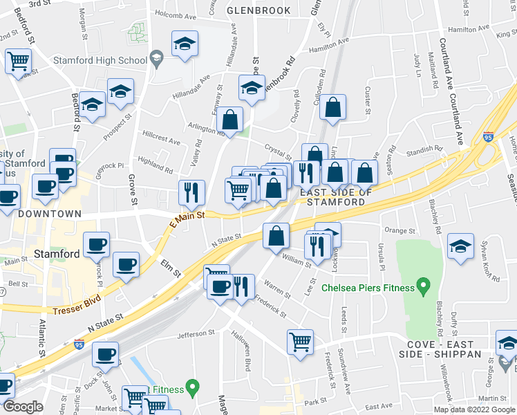 map of restaurants, bars, coffee shops, grocery stores, and more near 847 East Main Street in Stamford