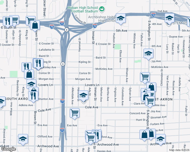 map of restaurants, bars, coffee shops, grocery stores, and more near 832 Merton Avenue in Akron