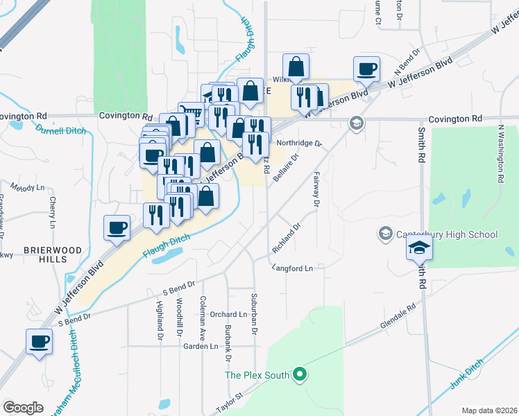 map of restaurants, bars, coffee shops, grocery stores, and more near in Fort Wayne