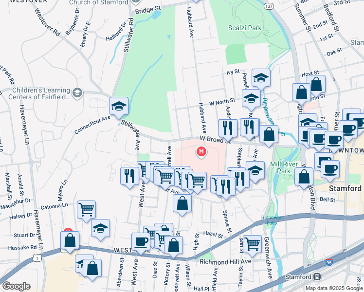 map of restaurants, bars, coffee shops, grocery stores, and more near 30 Shelburne Rd in Stamford