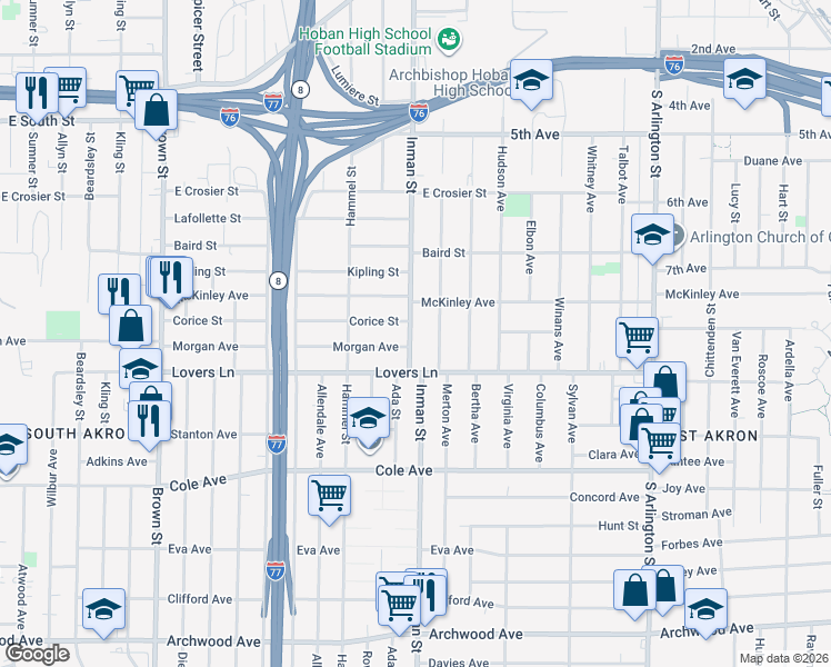 map of restaurants, bars, coffee shops, grocery stores, and more near 832 Merton Avenue in Akron