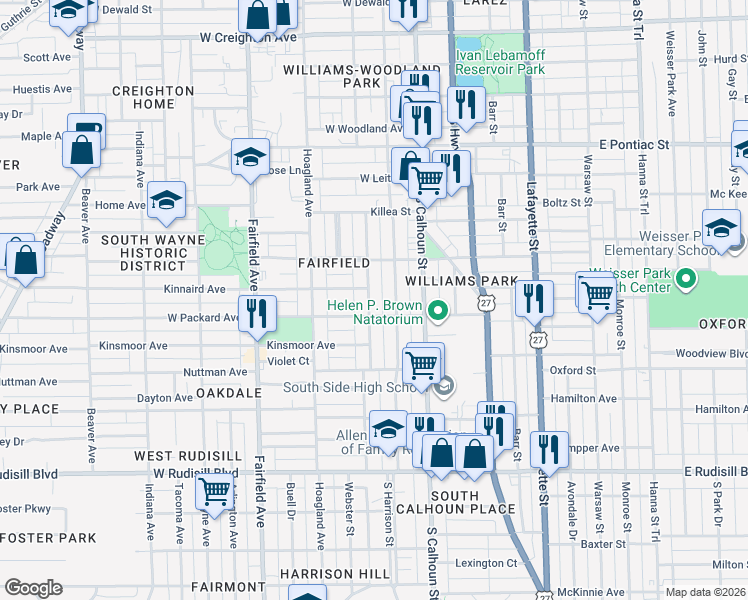 map of restaurants, bars, coffee shops, grocery stores, and more near 3306 Webster Street in Fort Wayne