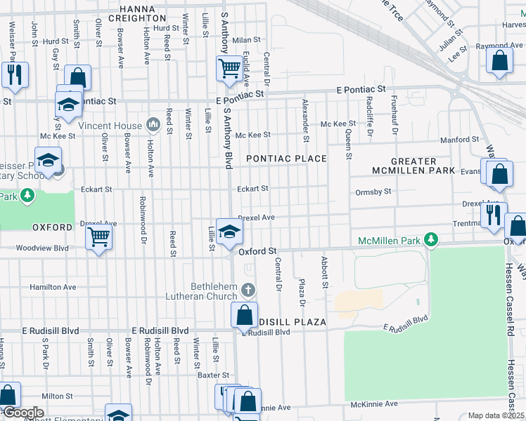 map of restaurants, bars, coffee shops, grocery stores, and more near 1919 Drexel Avenue in Fort Wayne