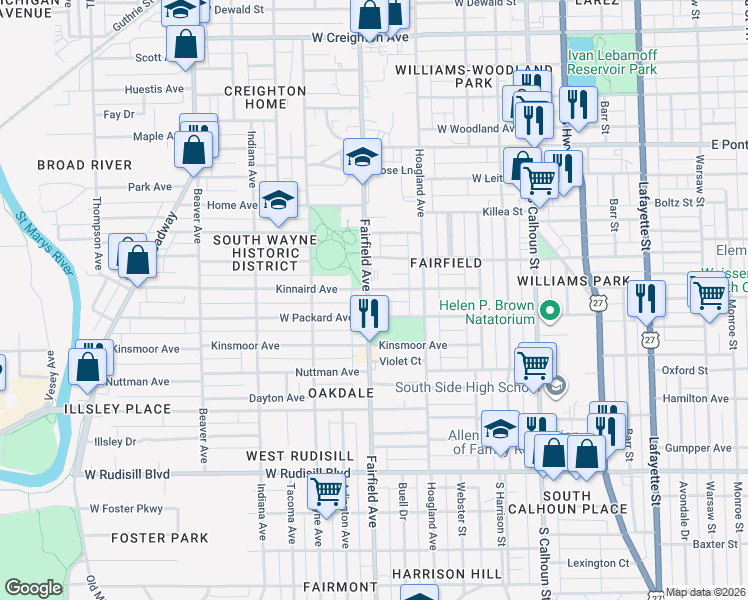 map of restaurants, bars, coffee shops, grocery stores, and more near 3209 Fairfield Avenue in Fort Wayne