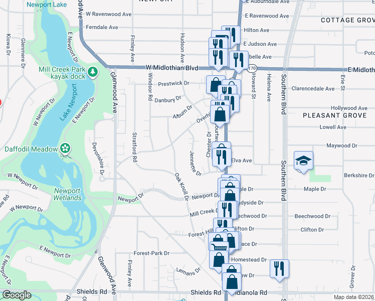 map of restaurants, bars, coffee shops, grocery stores, and more near 98 Jennette Drive in Youngstown