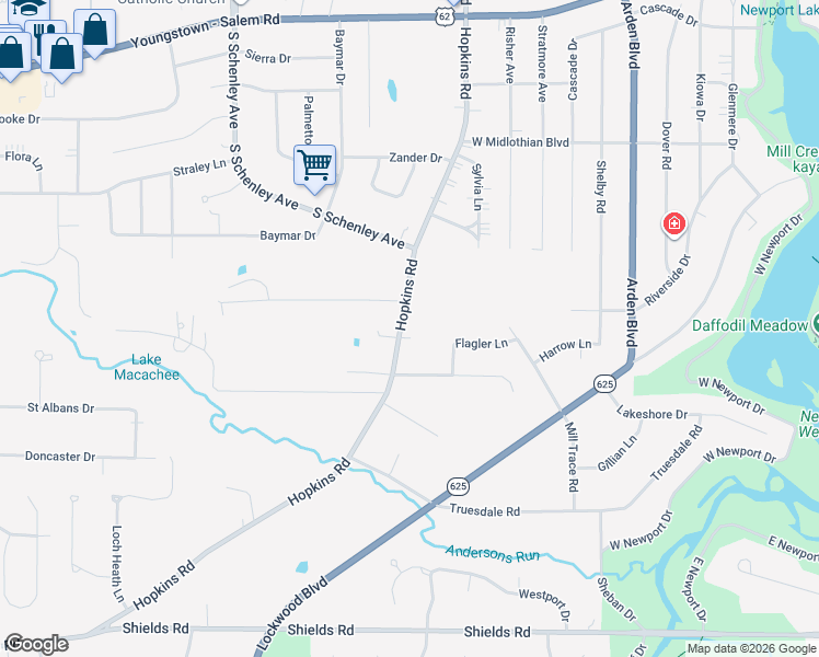 map of restaurants, bars, coffee shops, grocery stores, and more near 4407 Hopkins Road in Youngstown