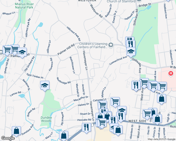 map of restaurants, bars, coffee shops, grocery stores, and more near 74 Havemeyer Lane in Greenwich