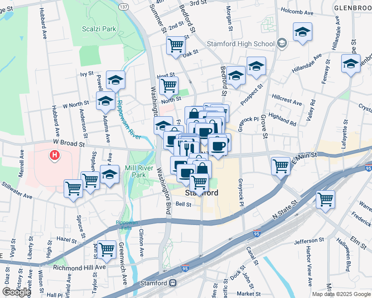 map of restaurants, bars, coffee shops, grocery stores, and more near 229 Summer Street in Stamford
