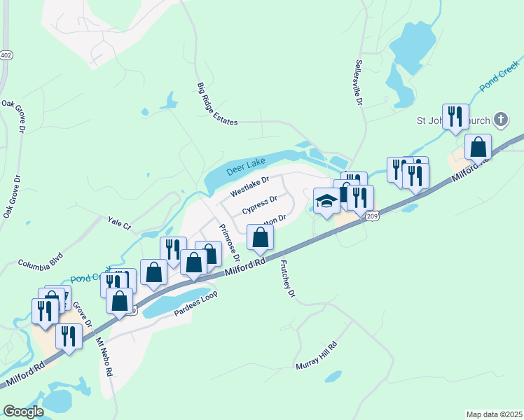 map of restaurants, bars, coffee shops, grocery stores, and more near 720 Cypress Drive in East Stroudsburg