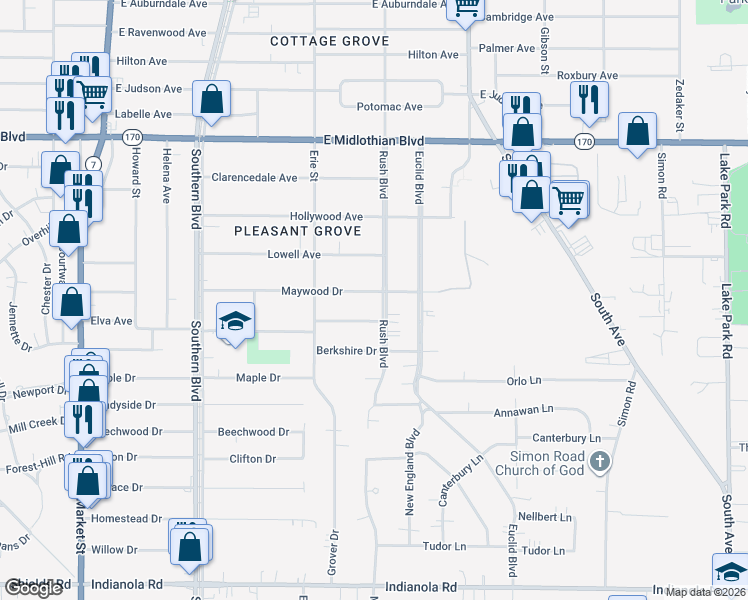 map of restaurants, bars, coffee shops, grocery stores, and more near 262 Wychwood Lane in Youngstown