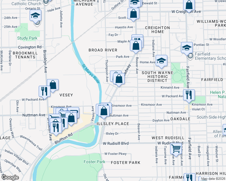 map of restaurants, bars, coffee shops, grocery stores, and more near 3216 Broadway in Fort Wayne