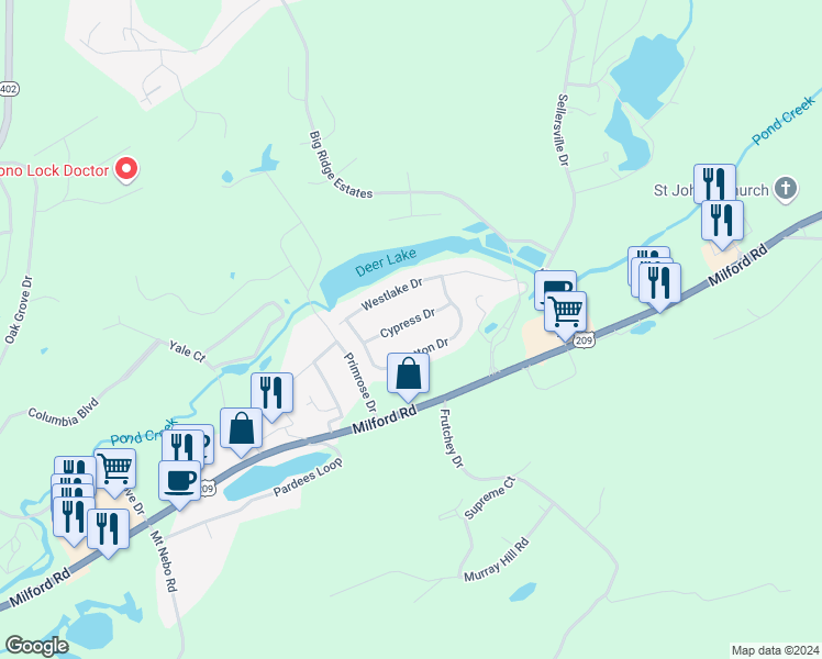 map of restaurants, bars, coffee shops, grocery stores, and more near 720 Cypress Drive in East Stroudsburg